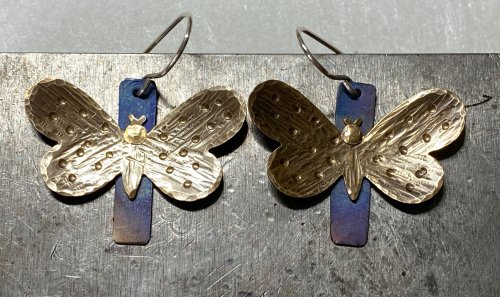 Susan LeGuyader's Butterfly Earrings - , Contemporary Wire Jewelry, Dapping, Dapping Jewelry, How To Punch Holes, Hole Punching, Punch A Hole, Texturing, Butane Torch, Soldering, Solder, butterfly earrings
